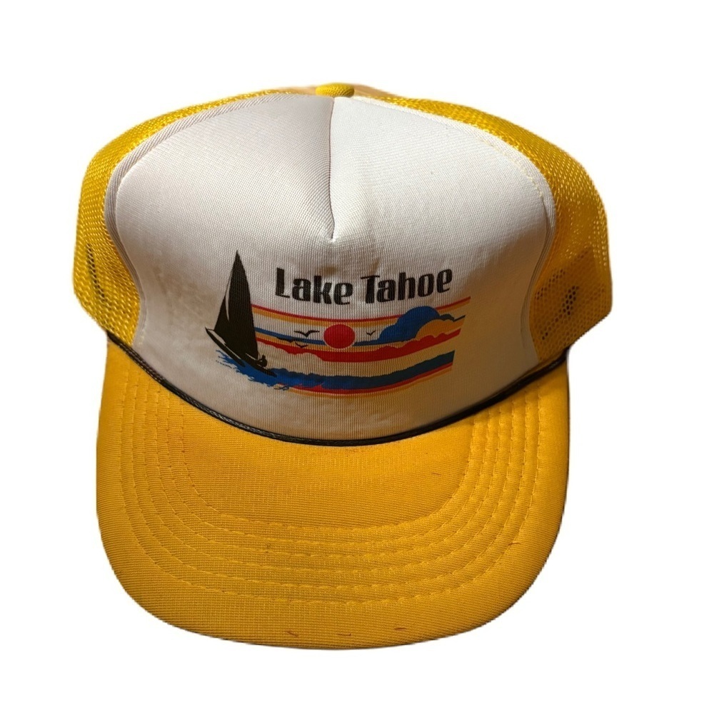 Vintage Lake Tahoe Hat Mesh Snap Back Trucker 90s Gold Yellow